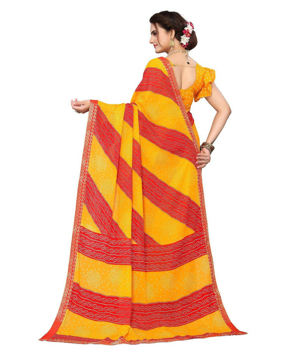 Vamika Yellow Georgette Printed With Lace Saree (MANYA YELLOW RED)