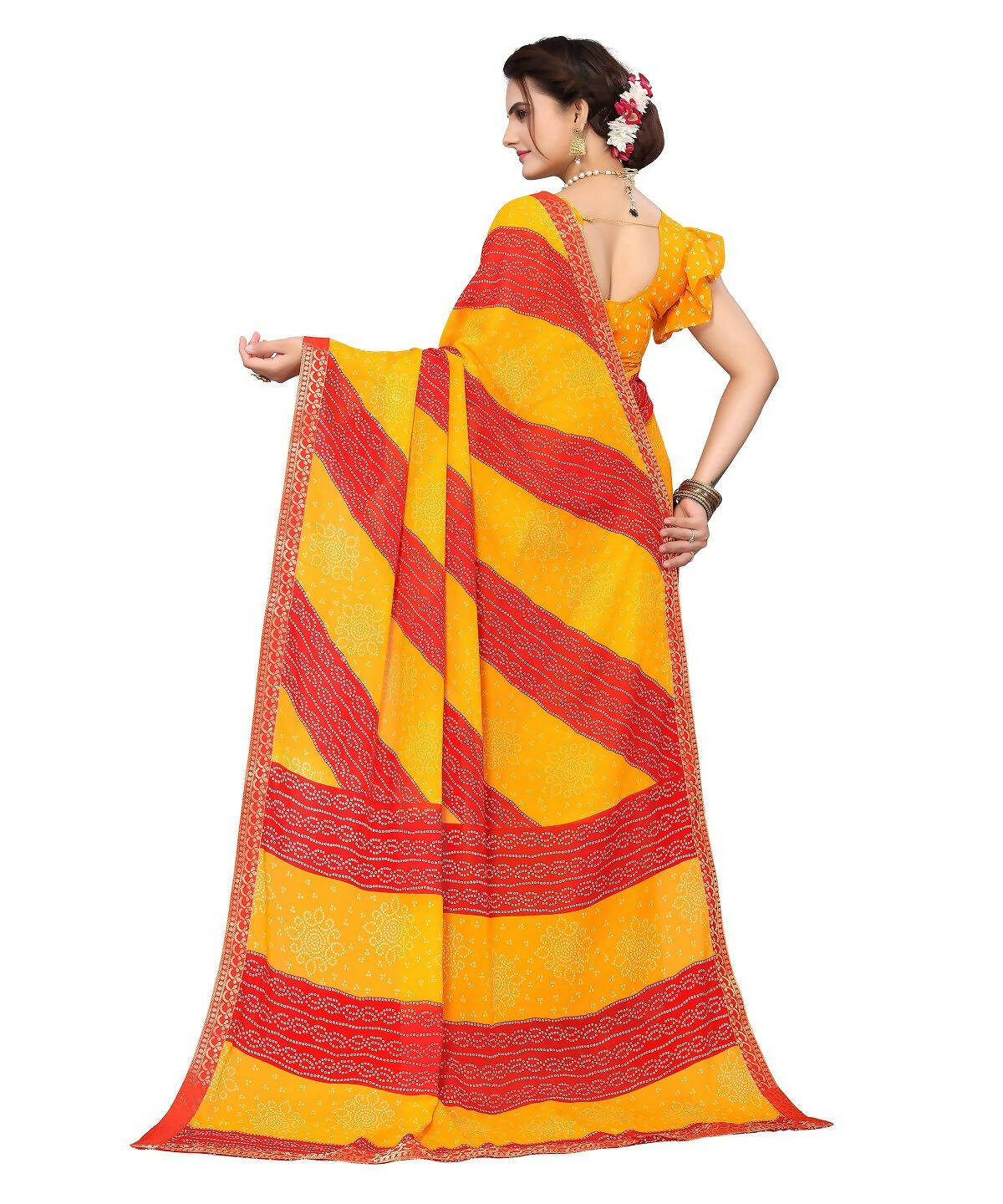 Vamika Yellow Georgette Printed With Lace Saree (MANYA YELLOW RED)