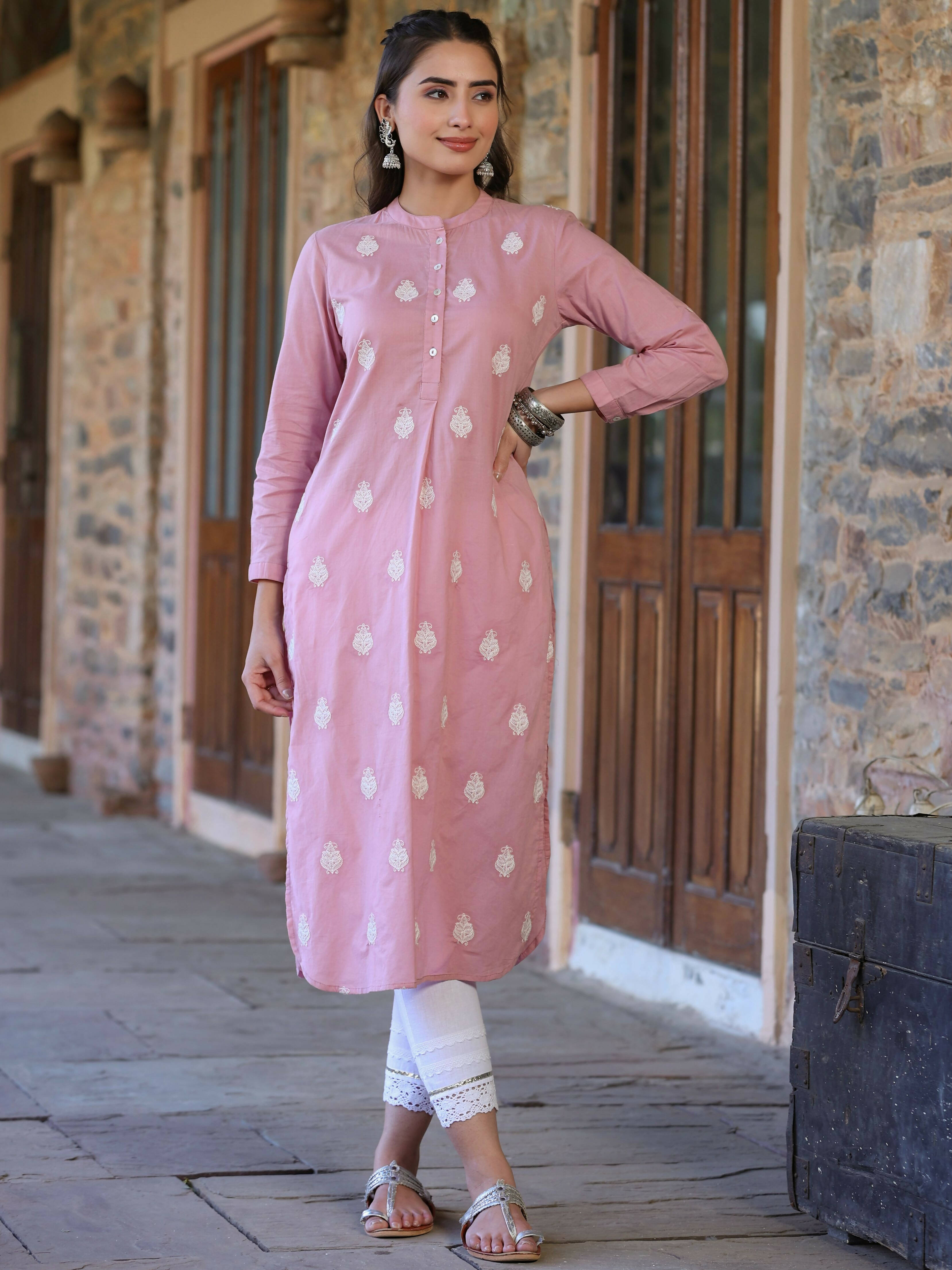 Juniper Women's Pink Cambric Printed Straight Kurta