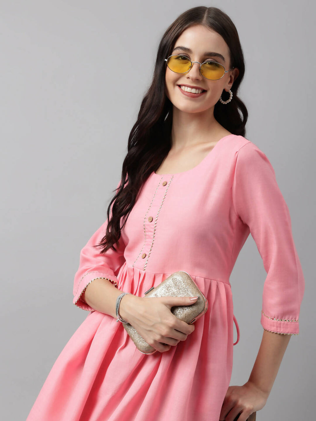 Pink Poly Cotton Solid Nayra Cut Kurta - Tirtha