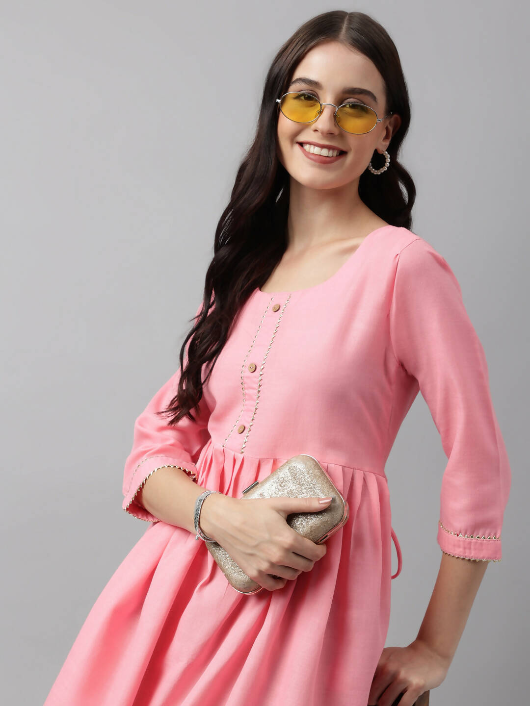 Pink Poly Cotton Solid Nayra Cut Kurta - Tirtha