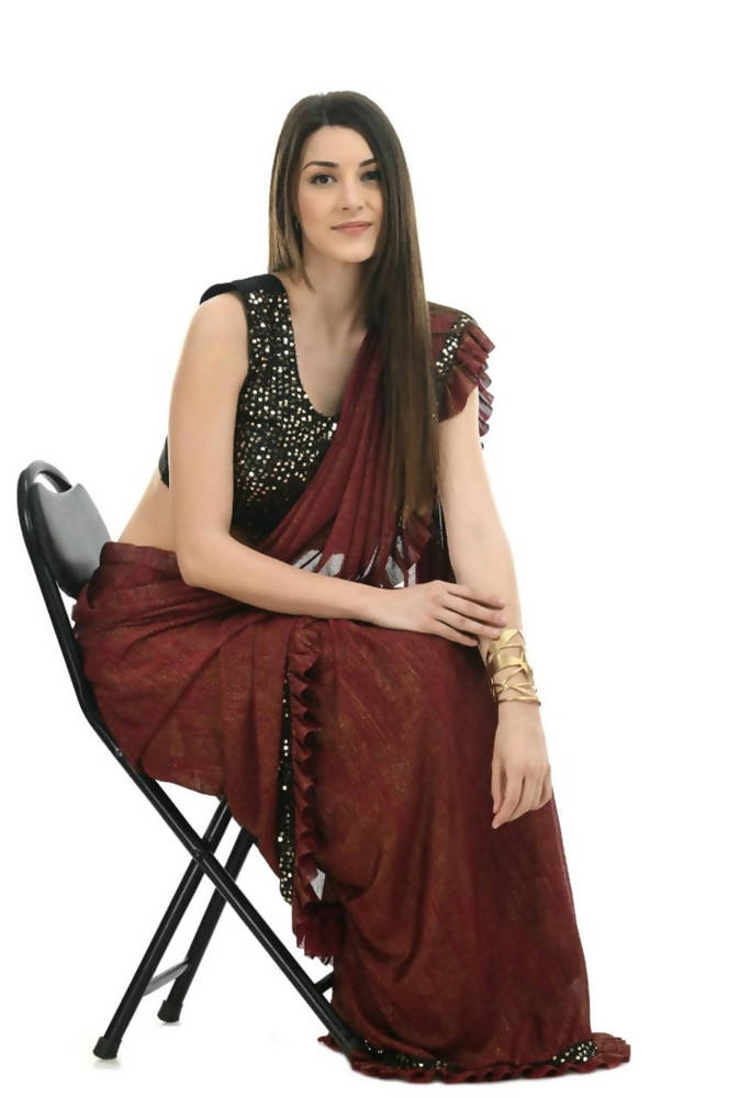 Mominos Fashion All Season Wear Rust And Black Ruffled Ready To Wear Saree