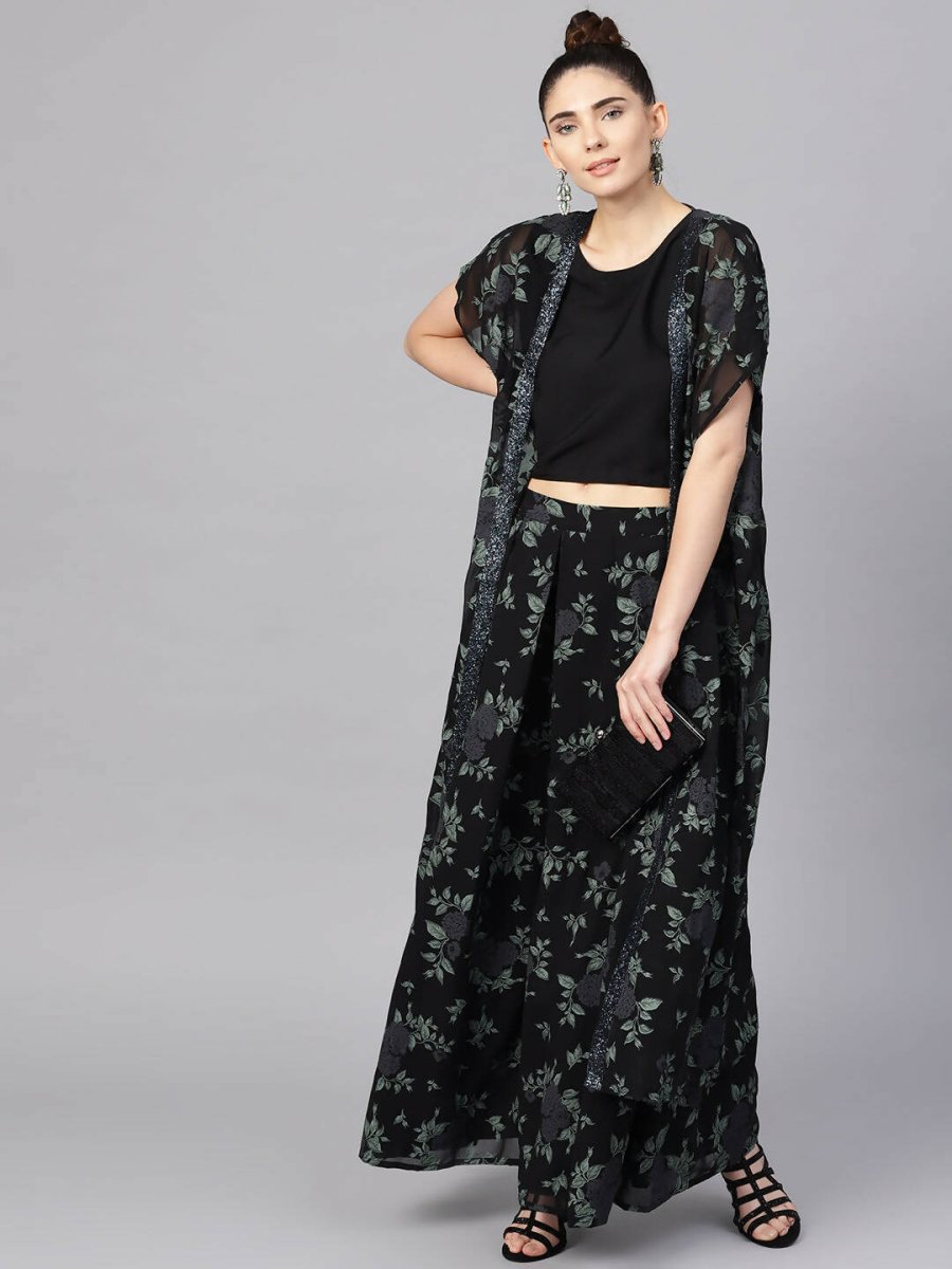 Ahalyaa Black Georgette Crepe Printed Top Palazzo Set With Jacket