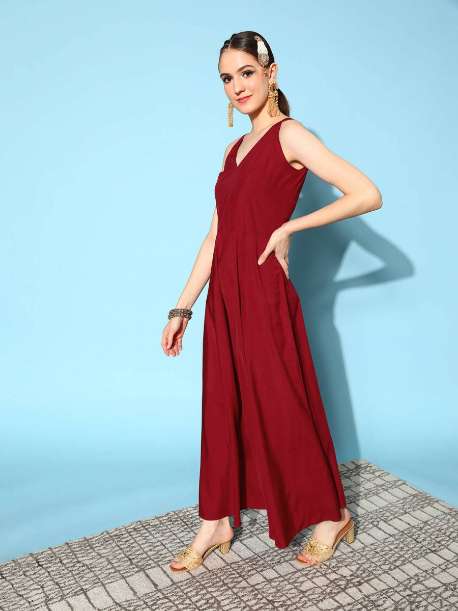 Ahalyaa Women Beautiful Maroon Crepe Brocade Ethnic Dress