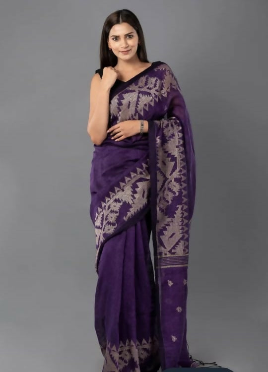 Exclusive Collection Deep Purple Beautiful Linen Jamdani Saree