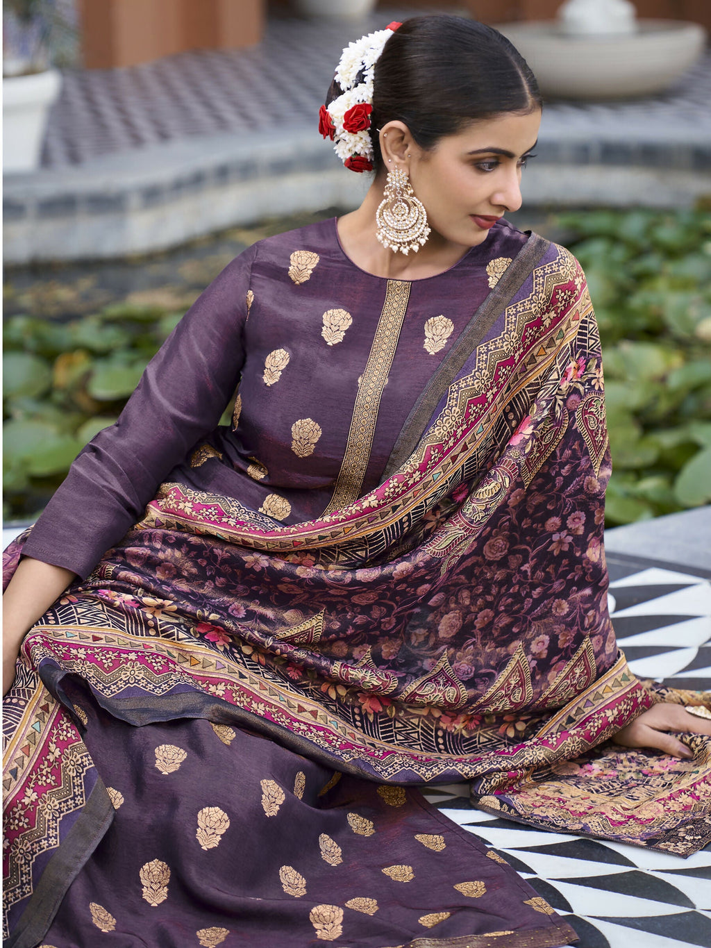 Jyoti Fashion Women's Purple Pure Silk Elegant Jacquard Woven Kurta with Trouser & Dupatta