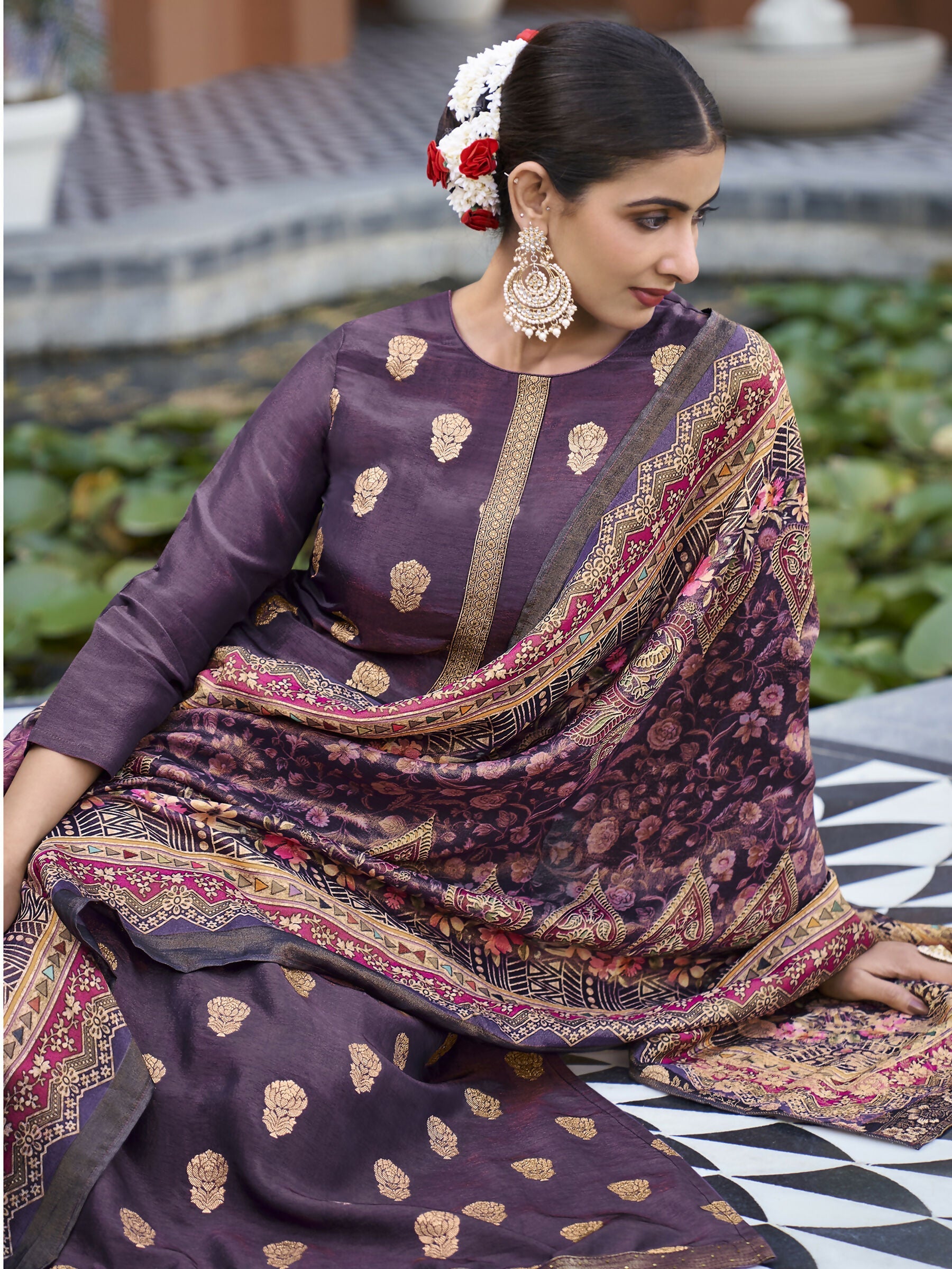 Jyoti Fashion Women's Purple Pure Silk Elegant Jacquard Woven Kurta with Trouser & Dupatta