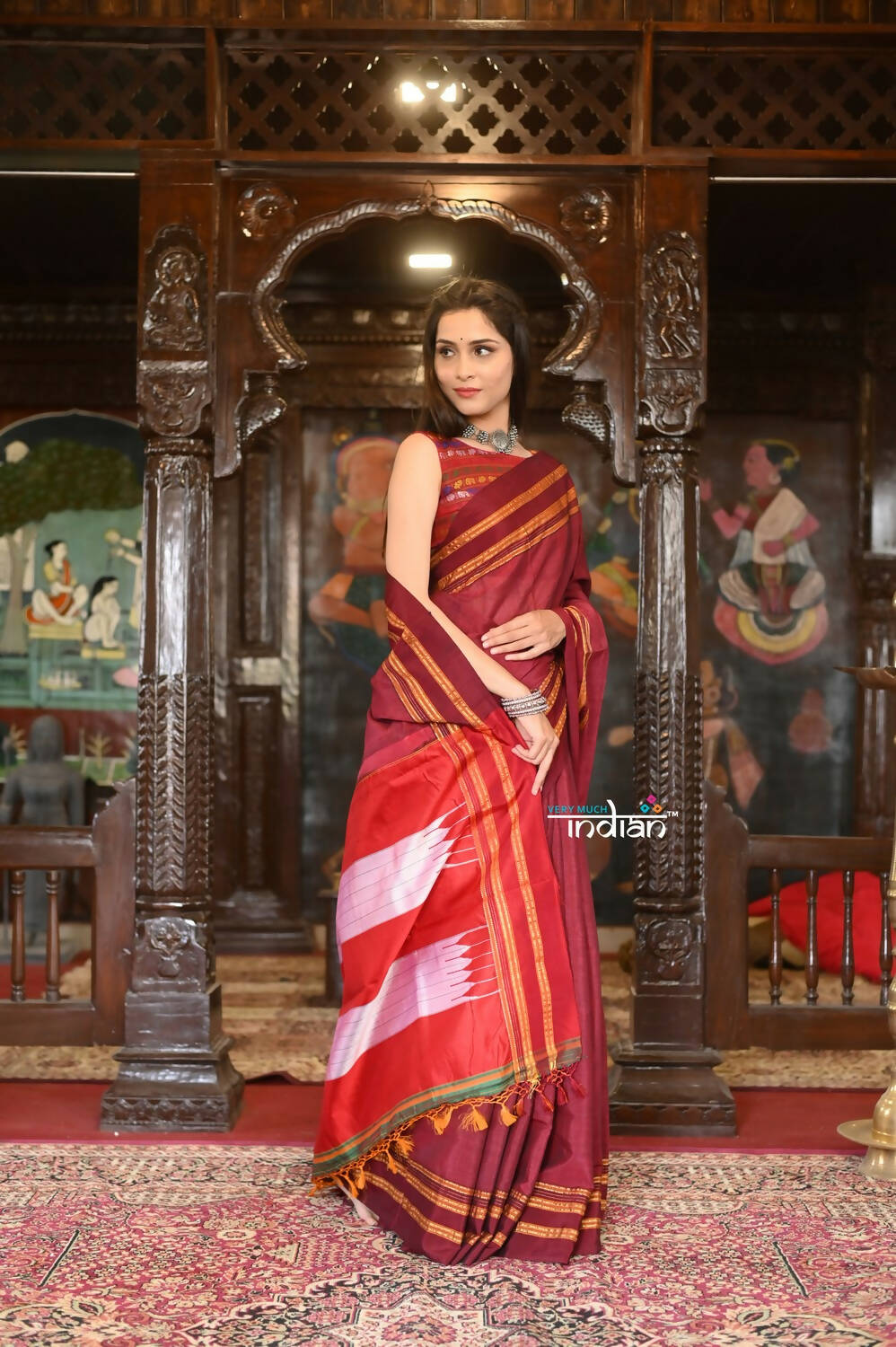 Very Much Indian Handloom Cotton Viscose Ilkal Saree Bright Maroon With Red Border