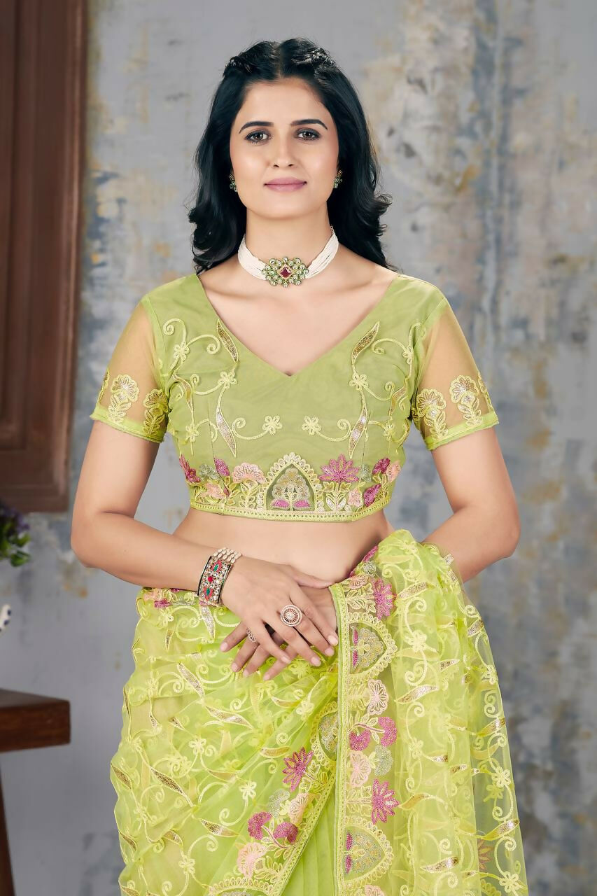 Vastranavya Soft Crush Georgette With Embroidery and Foil Multi Thread Work Saree - Light olive