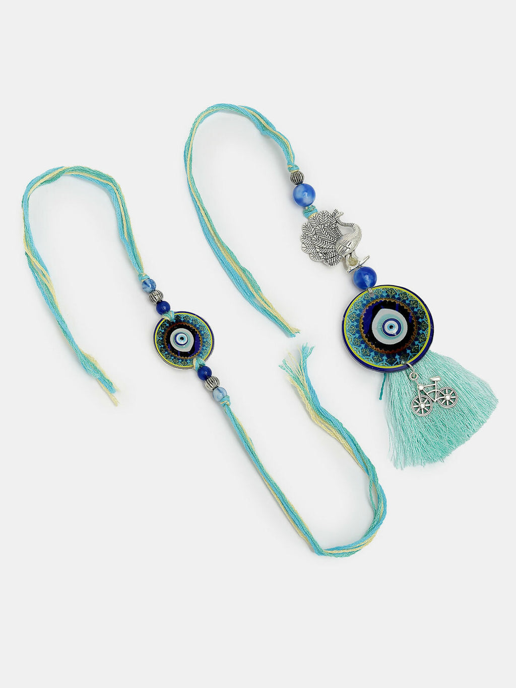 NVR Women & Men Set of 2 Blue Evil Eye & Beaded Bhaiya Bhabi Rakhi With Roli Chawal & Chocolate