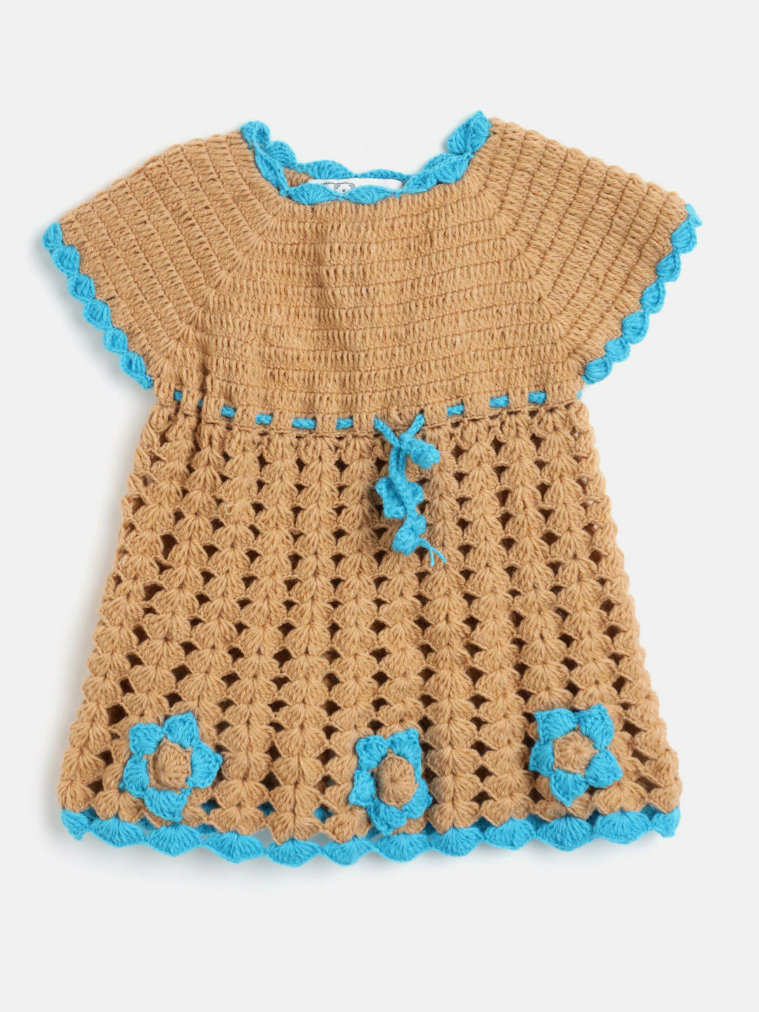 Chutput Kids Woollen Hand Knitted Full Sleeves Cardigan With Short Sleeves Flower Work Dress For Baby Girls - Blue