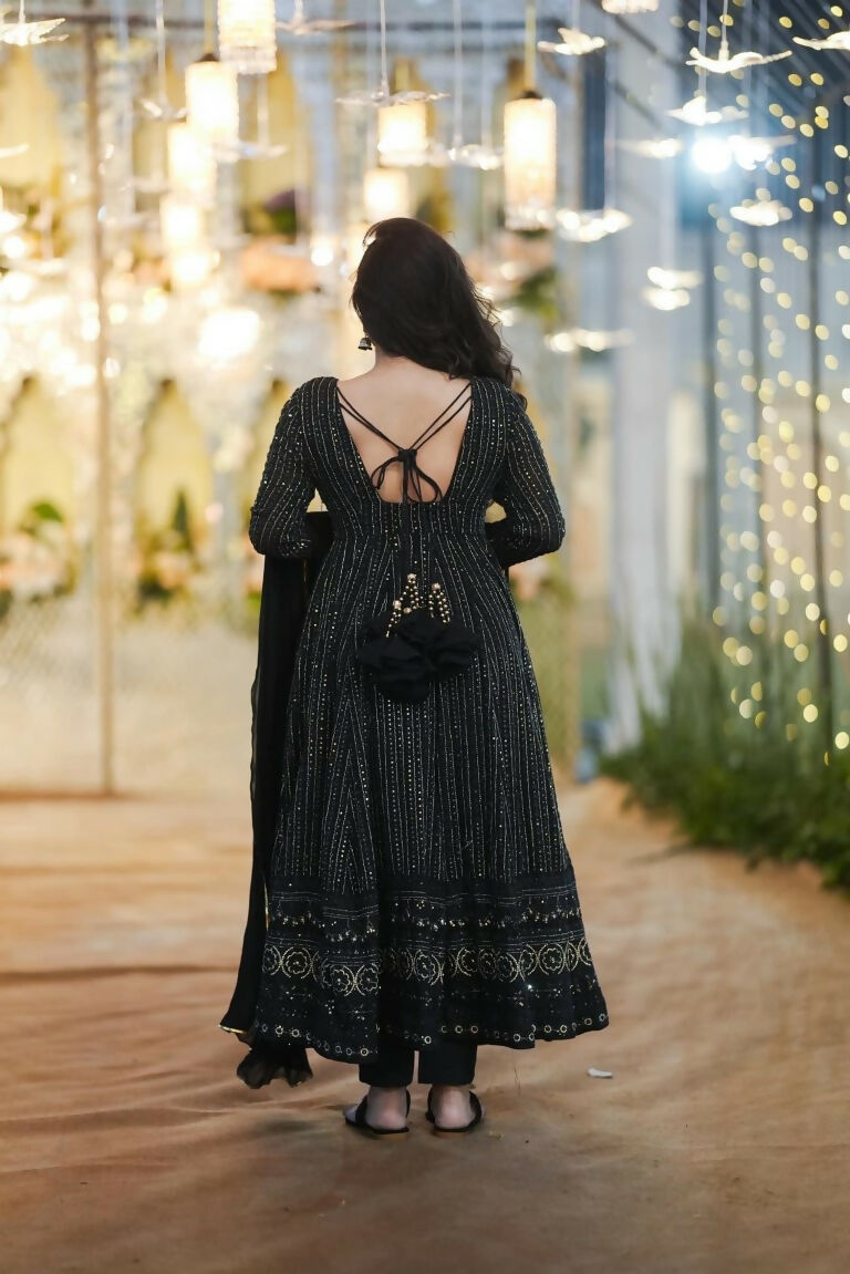 Jyoti Fashion Women's Black Faux Georgette Zari Embroidery with Sequence Anarkali Dress with Dupatta