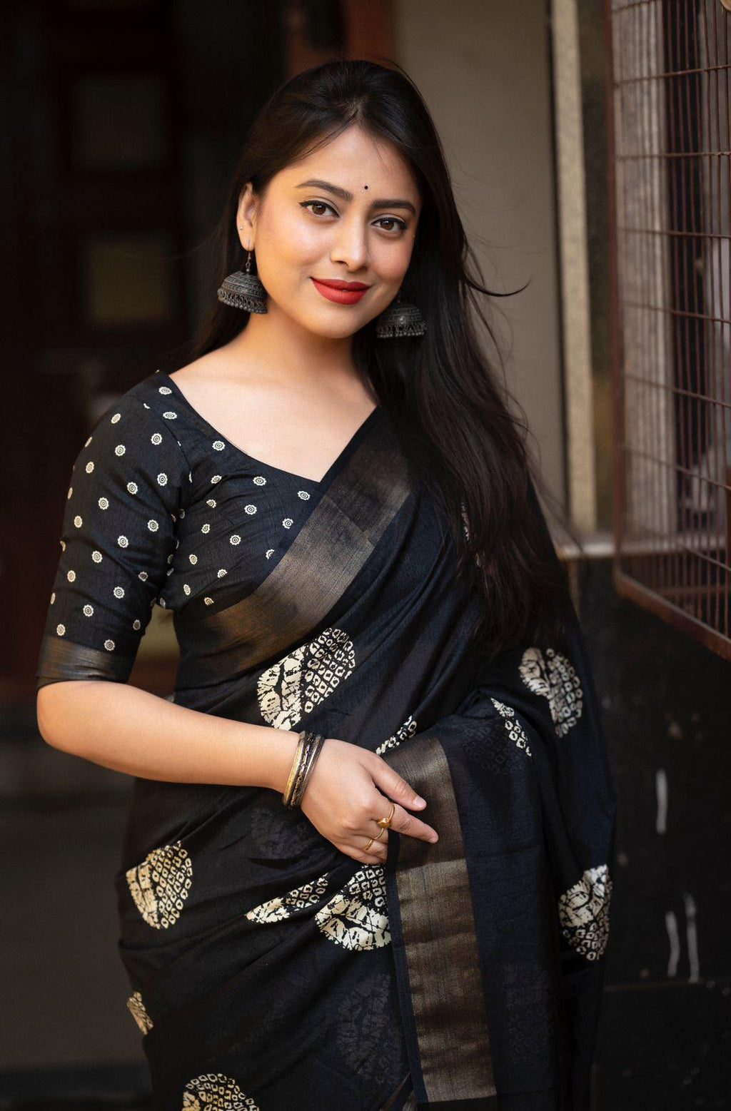 Black Cotton Crepe Batik Print Saree with Unstitched Blouse - Hiral Fashion