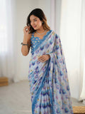 Blue Chinon Designer Digital Printed,Mirror Cut Work Saree - Elayna