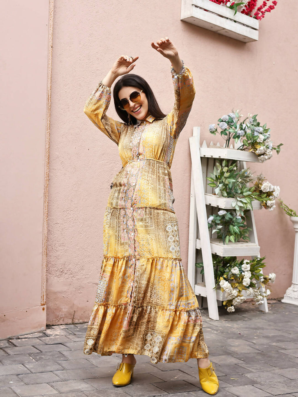 Mustard Crepe Foil Printed Long Dress - Michan