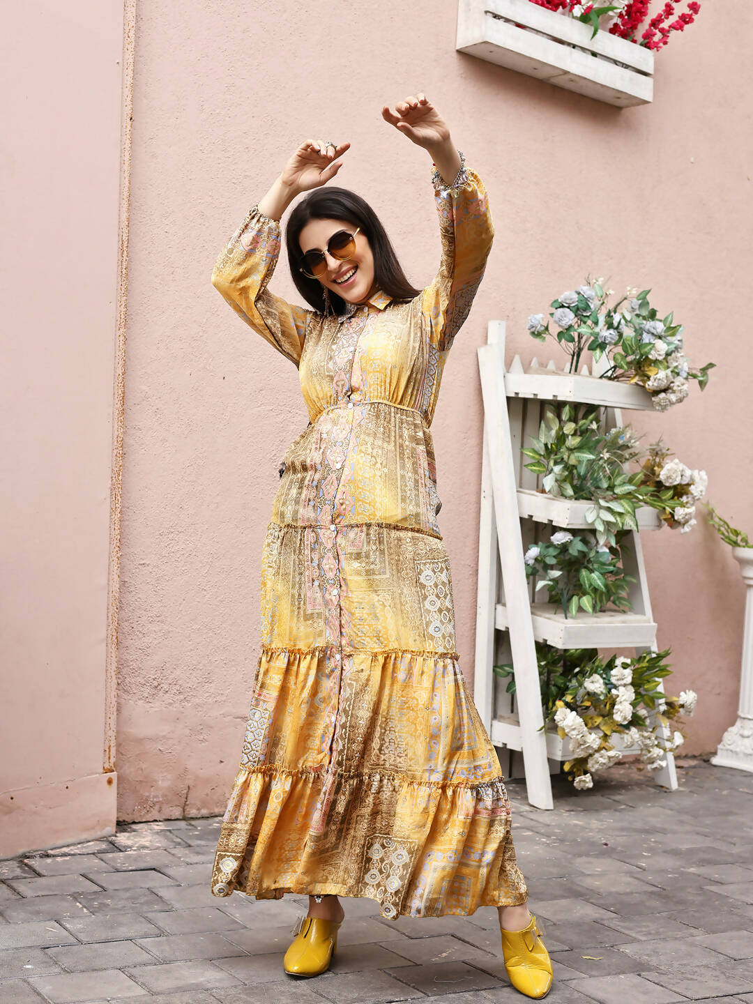 Mustard Crepe Foil Printed Long Dress - Michan