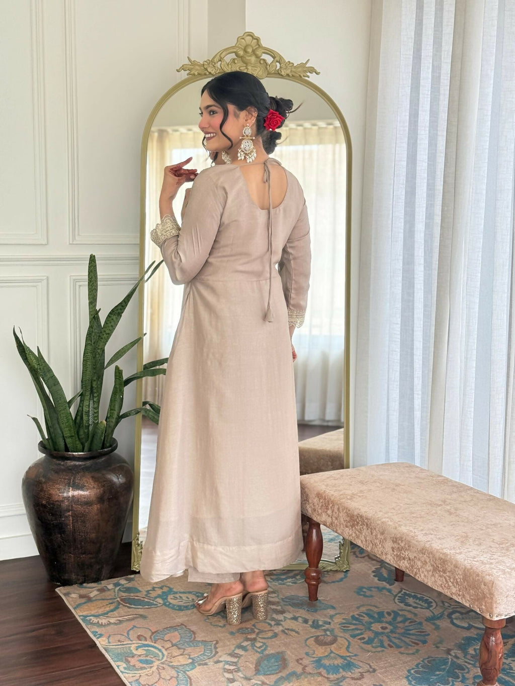 The52 CreamWomen's Gorgeous Vichitra Silk Fabric Embroidered Work Flared Anarkali Pant and Dupatta Set
