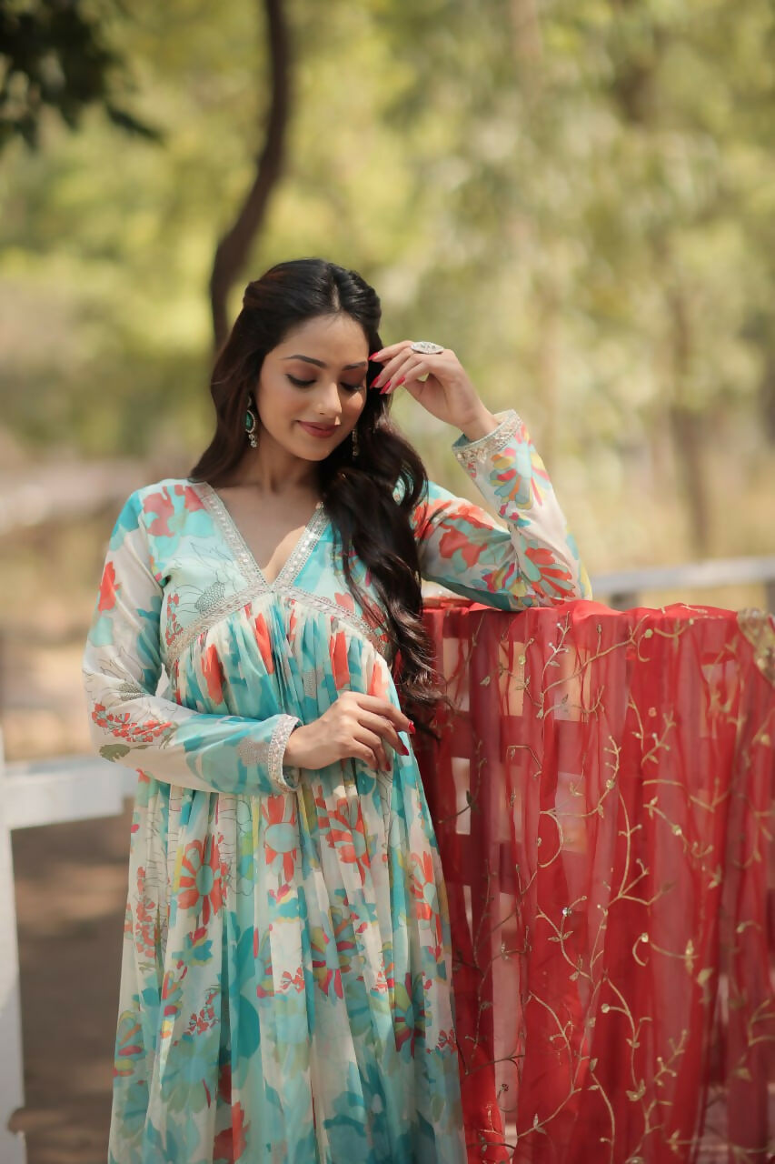 Vastranavya Digital Printed Russian silk & Stitch Canvas Patta Gown with Dupatta - Sky Blue