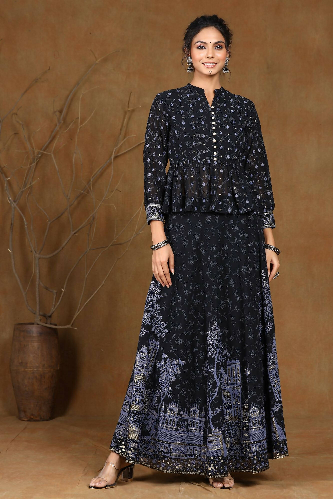 Juniper Women Black Georgette Printed Flared Lehenga Choli Sets
