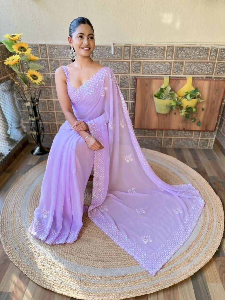 Lavender Georgette Sequence Embroidery Cut Work Saree - Saadia