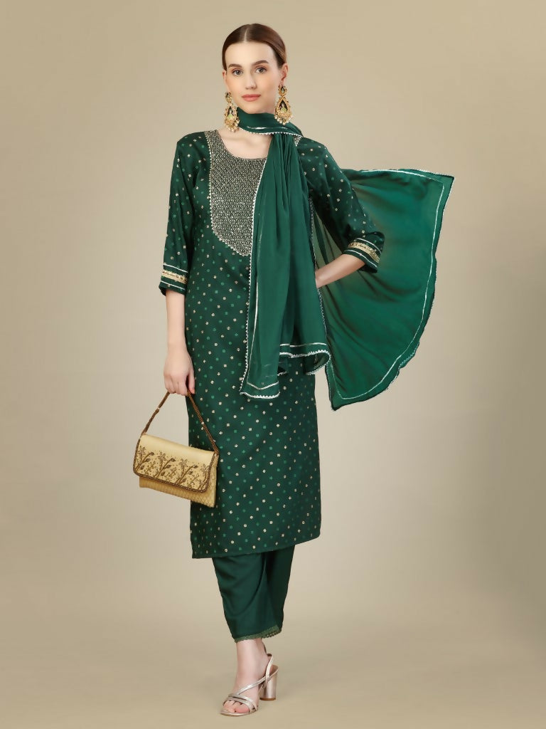 Jyoti Fashion Women's Dark Green Silk Blend Embroidery & Sequence work Kurta with Trouser & Dupatta