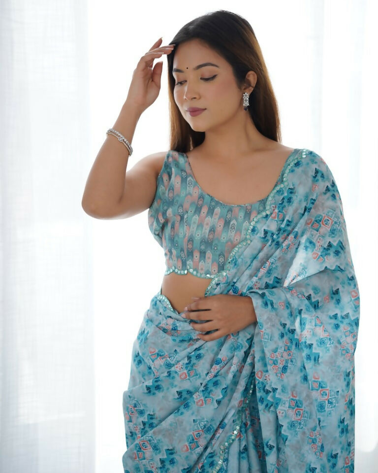 Blue Chinon Designer Digital Printed & Mirror Cut Work Saree - Kriti