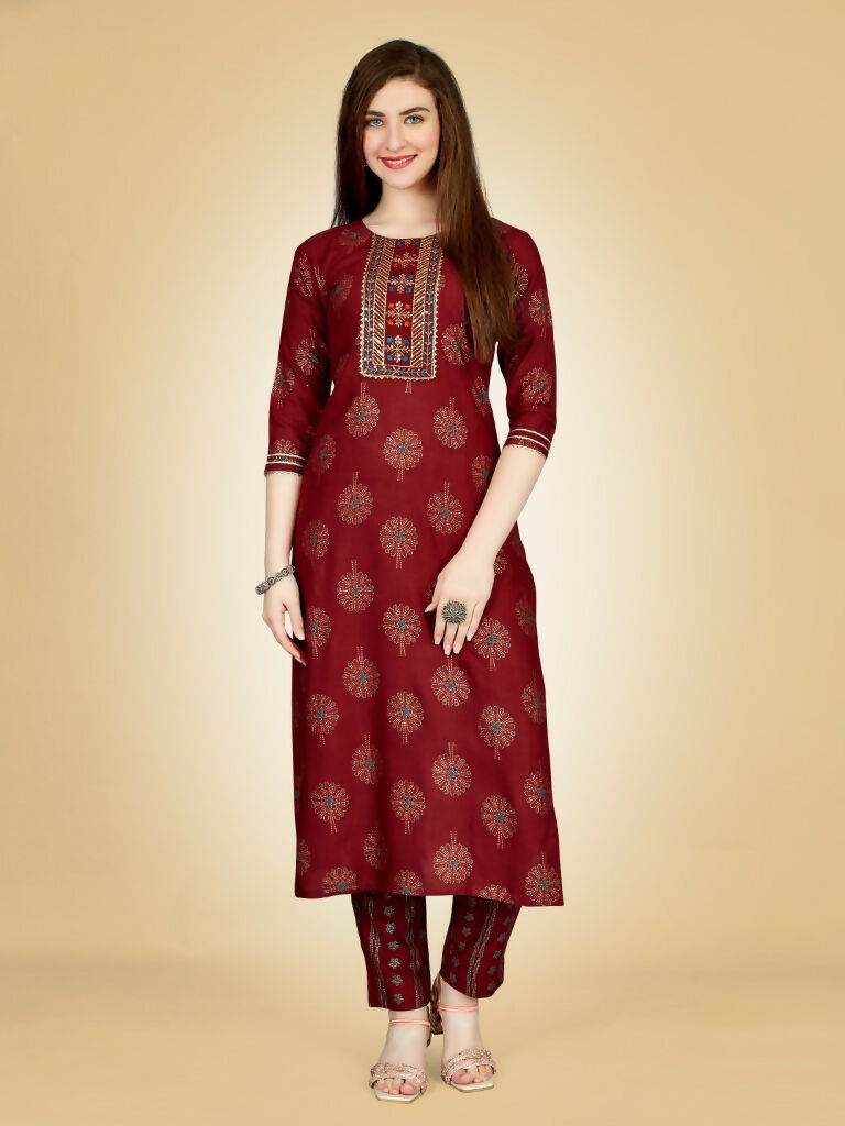 Jyoti Fashion Women's Maroon Viscose Rayon Embroidered Kurta Pant Set
