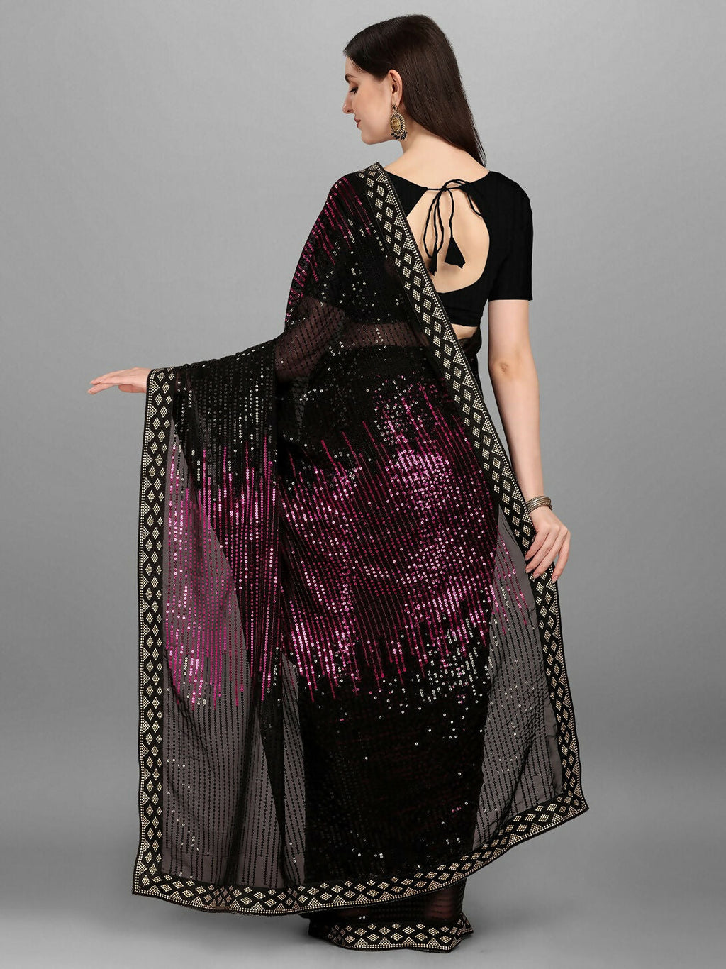 Vegaa Fashion Black Georgette Embroidered Party Wear Saree
