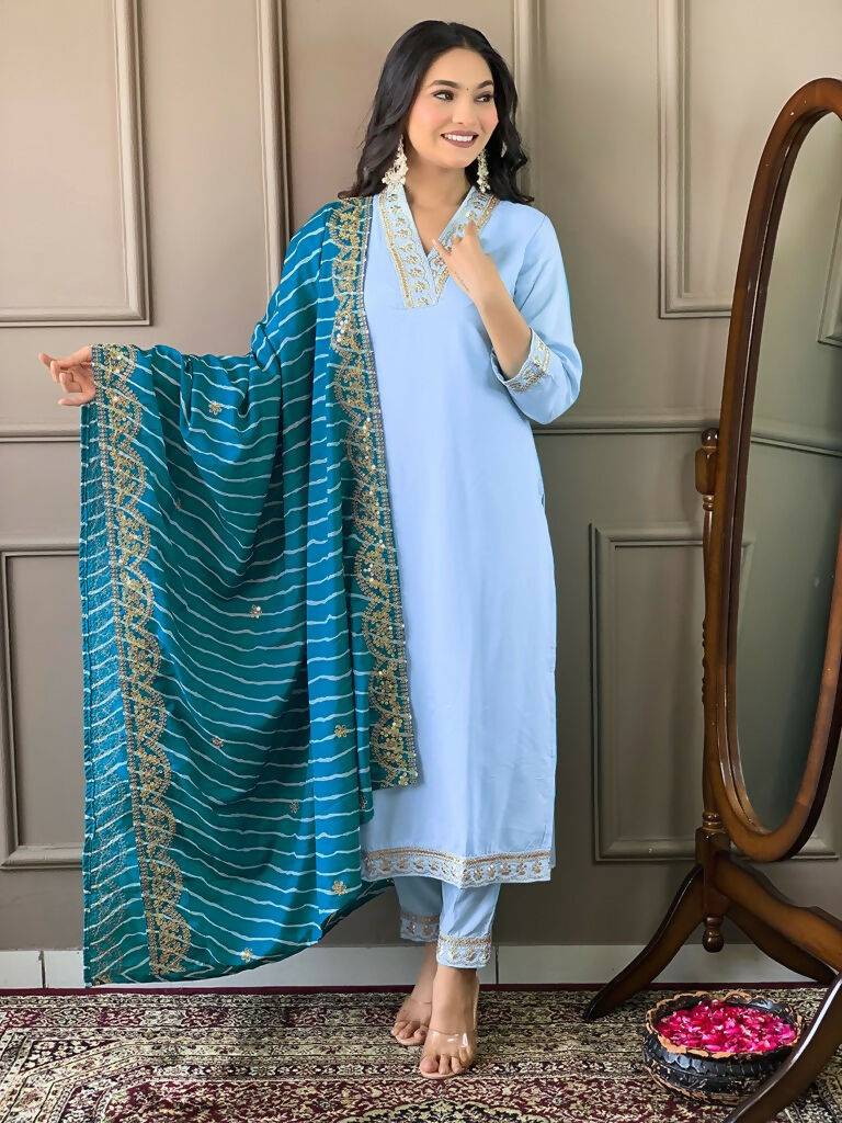 Partywear Designer Viscose Silk Blend Sky Stitched Suit With Dupatta - Tanisha