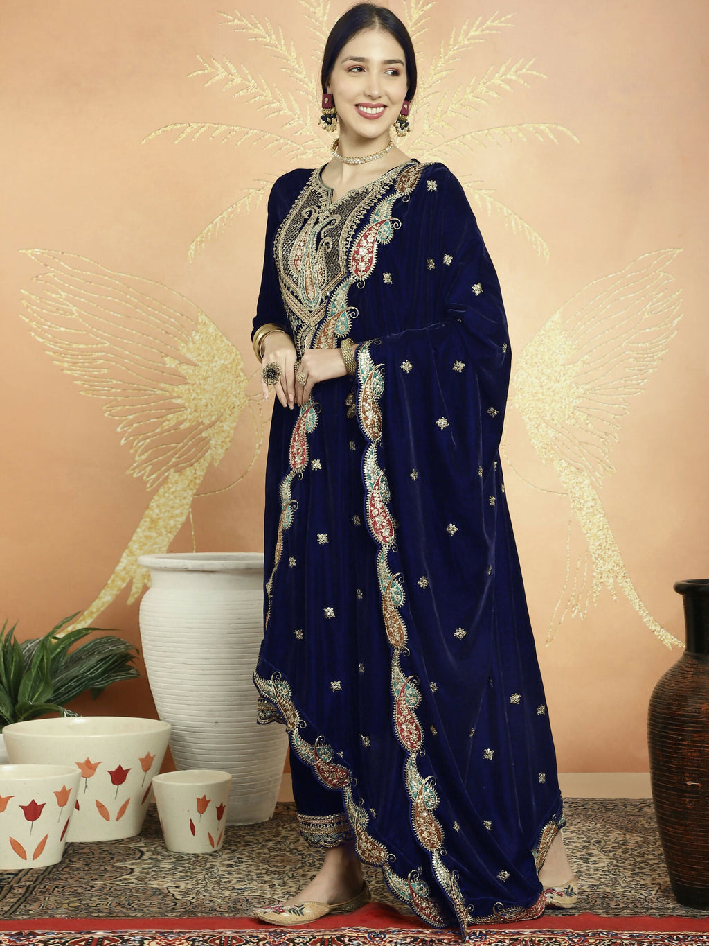 Jyoti Fashion Women's Navy Blue Velvet Cording with Resham Thread & Sequin Kurta with Trouser & Dupatta