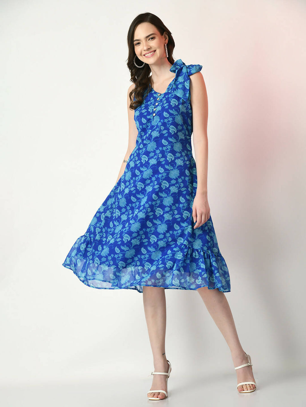 Myshka Women's Blue Fit and Flare Printed Dress