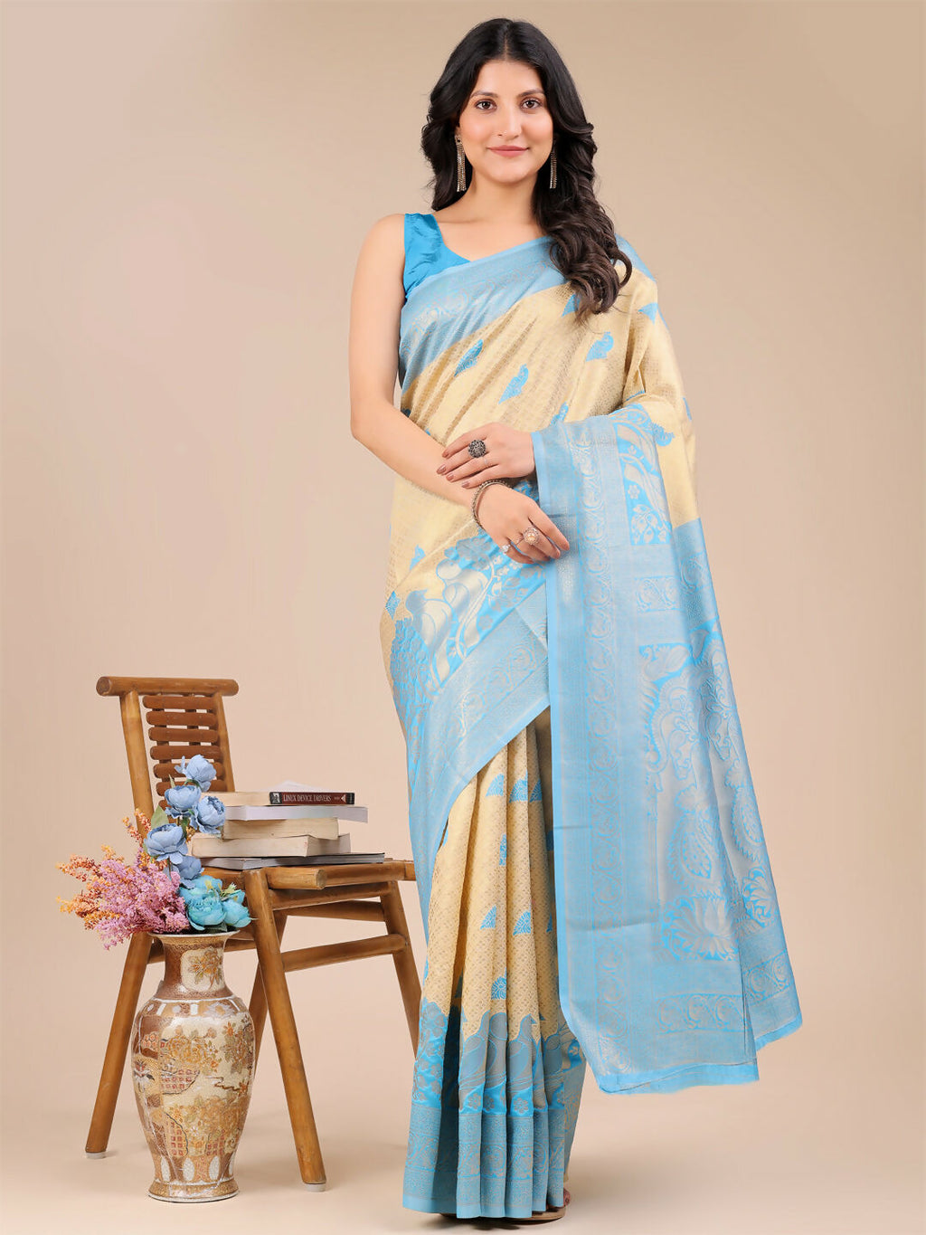 Shree Shyam Fashion Banarasi Silk Cream & Sky Blue Saree
