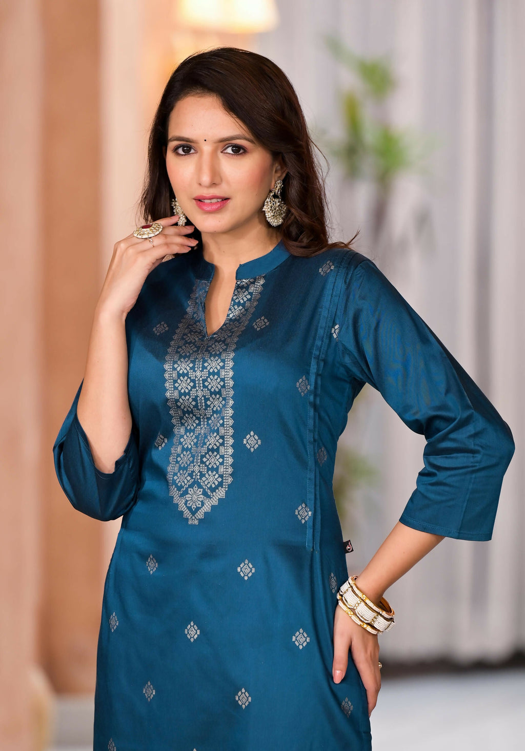 Juniper Women's Teal Ethnic Motif Printed Cotton Kurta & Pant Set