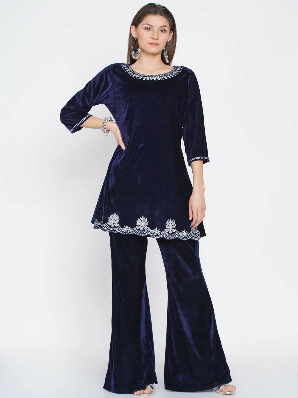 Women Republic Navy Blue Velvet Embroidered Kurta With Bellbottom Pants