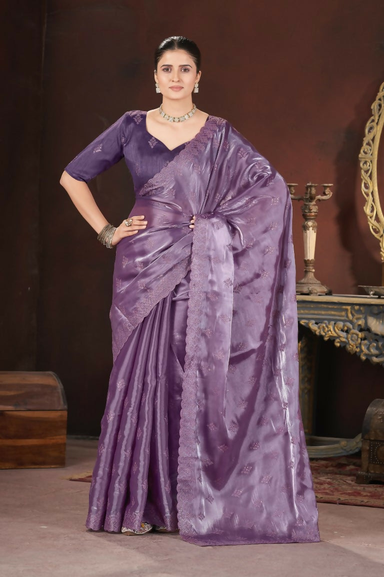 Vastranavya Lavender Jimmy Choo Silk 3mm Sequence work with Cross Stitch Embroidery work & Cutwork Border Saree
