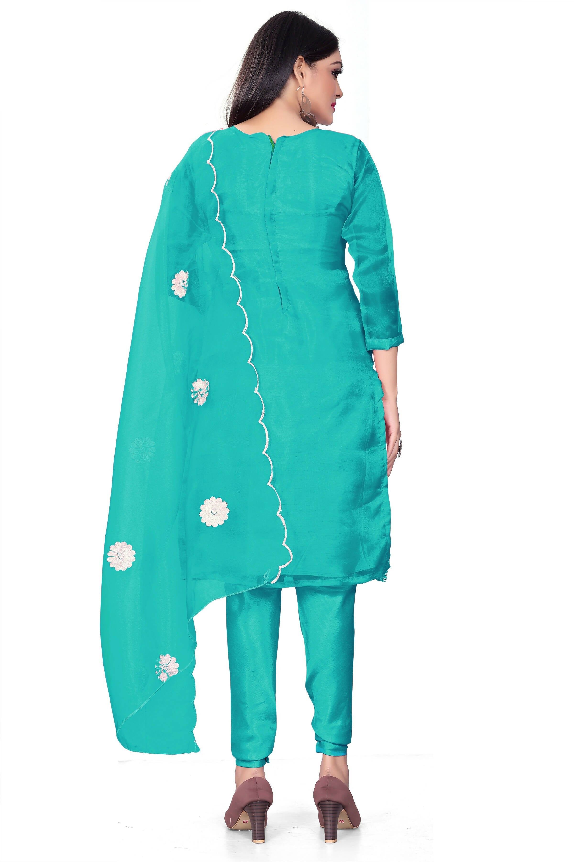 Sea Green Organza Silk Embroidered Work Unstitched Dress Material - Tanvi