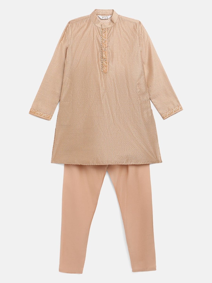 Ahalyaa Boys Beige Poly Silk Gold Printed Kids Kurta Churidar Set