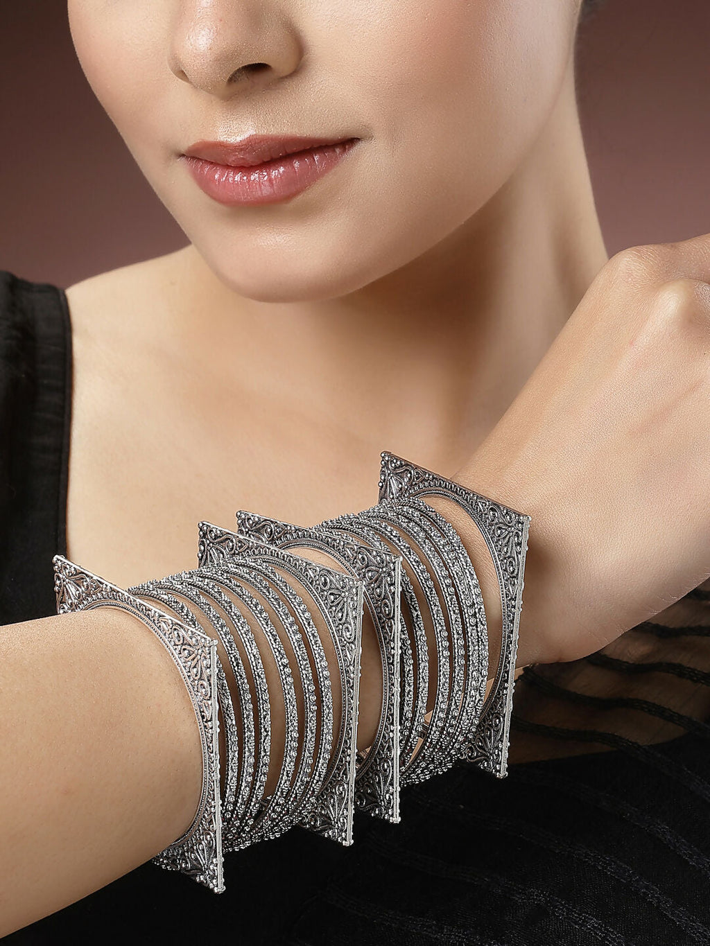 NVR Women's Set of 8 Silver-Toned German Silver Oxidised Bangles