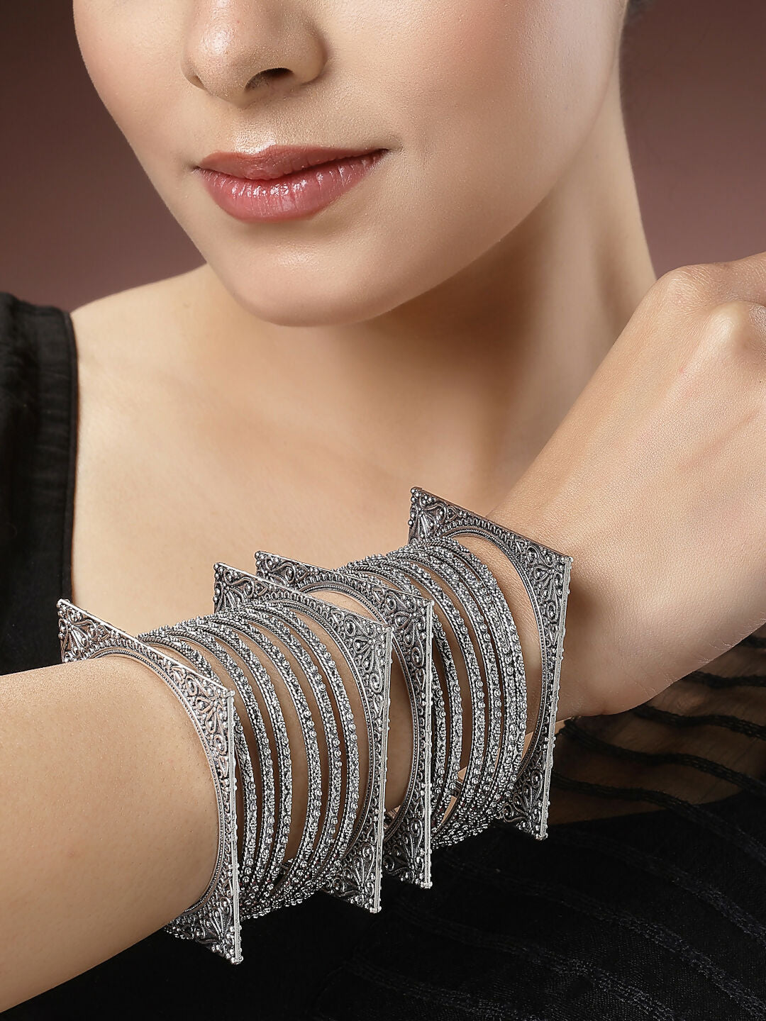 NVR Women's Set of 8 Silver-Toned German Silver Oxidised Bangles