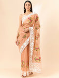 Peach Organza Floral Embroidered Saree with Unstitched Blouse Piece - Roozal