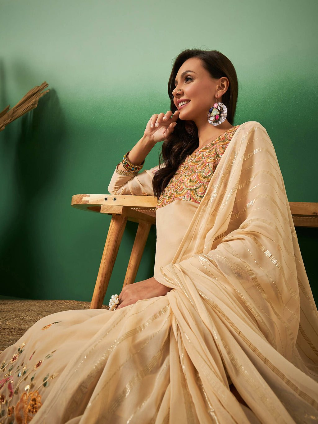 Light Orange Georgette Handwork Unstitched Dress Material - Hanika