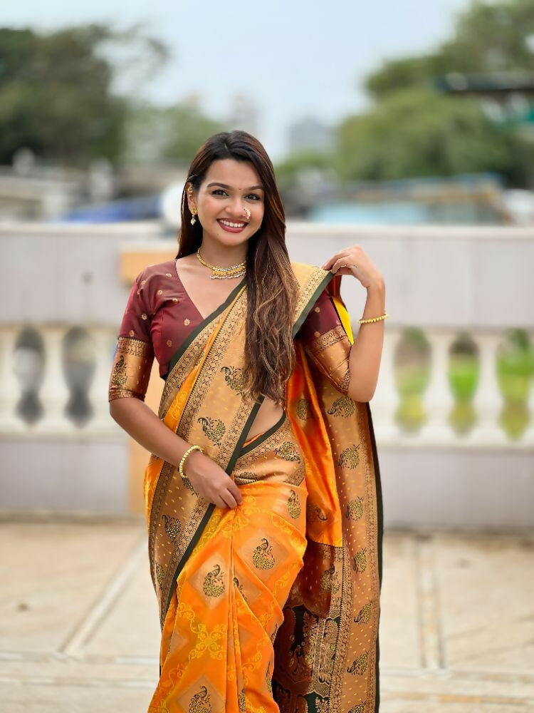 PR Fashion Mustard Orange Soft Banarasi Silk With Zari Weaving Meenakari Design Saree