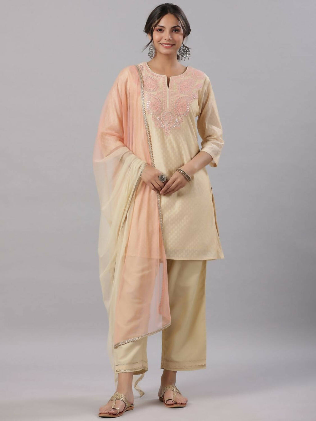 Juniper Women Gold Modal Chanderi Embroidered Kurta, Pants and Dupatta Set