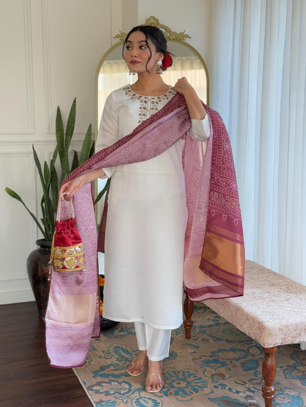 The52 Women's Roman Silk Embroidered Straight Kurta, Pant and Dupatta Set