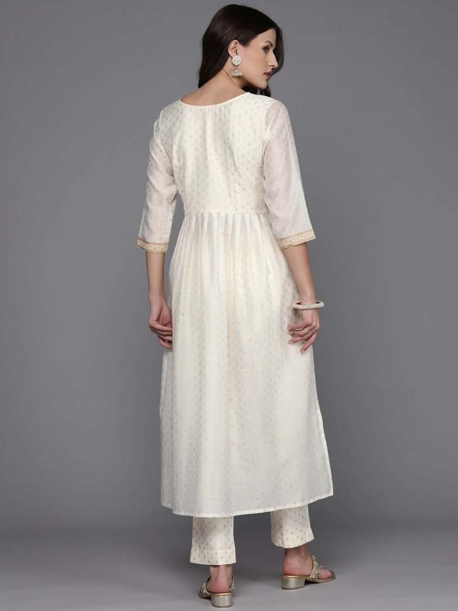 Ahalyaa Women Printed Pleated Kurta with Trousers - Off White Color