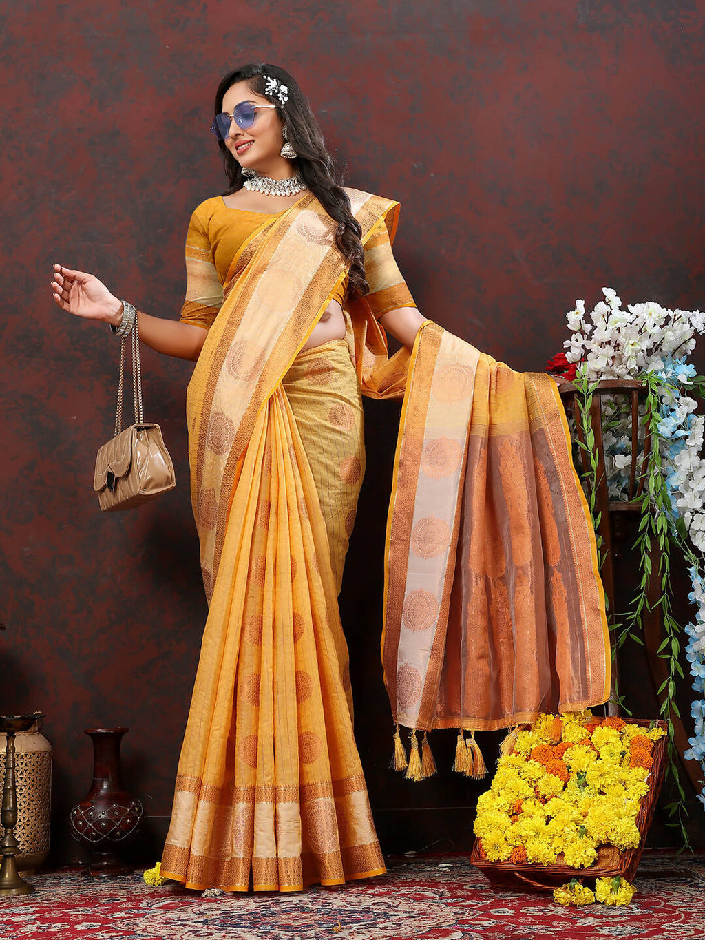 Lorenvalley Fashion Orange Cotton with Woven Design Zari Weaving Saree