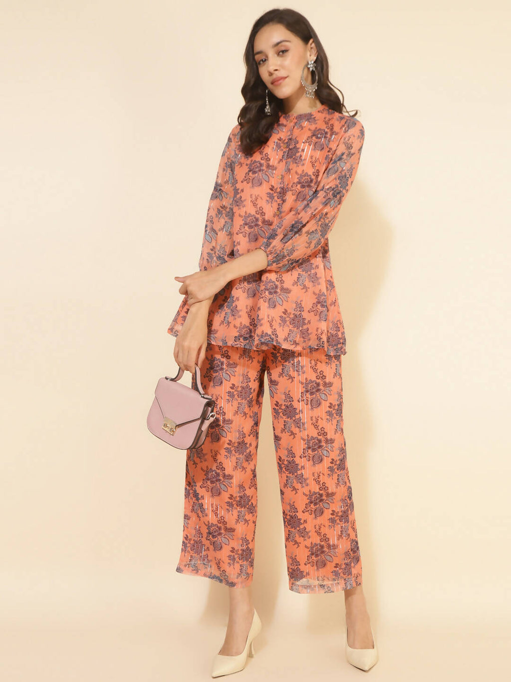 Janasya Women's Peach Chiffon Lurex Floral Printed Festive Regular Co-ords