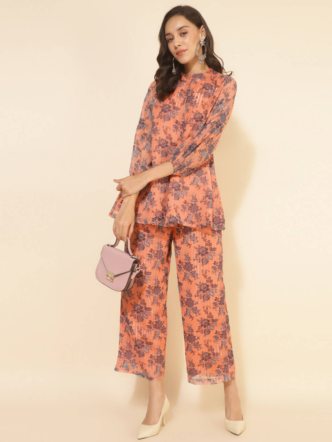 Janasya Women's Peach Chiffon Lurex Floral Printed Festive Regular Co-ords