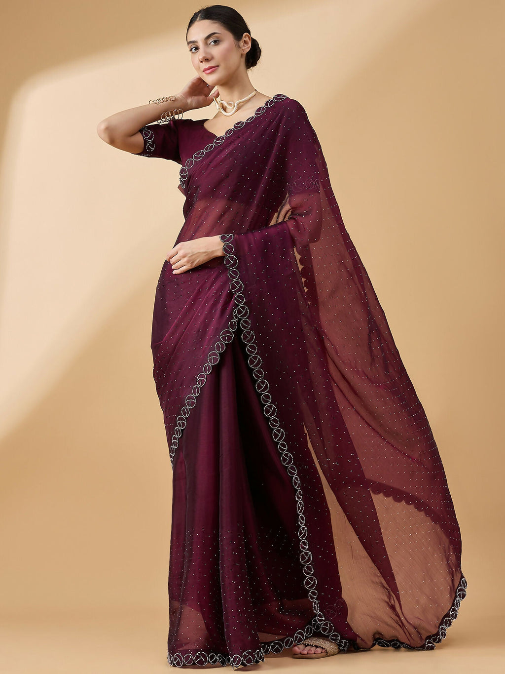 Purple Organza Swaroski Diamond Work Saree with Unstitched Blouse - Radha