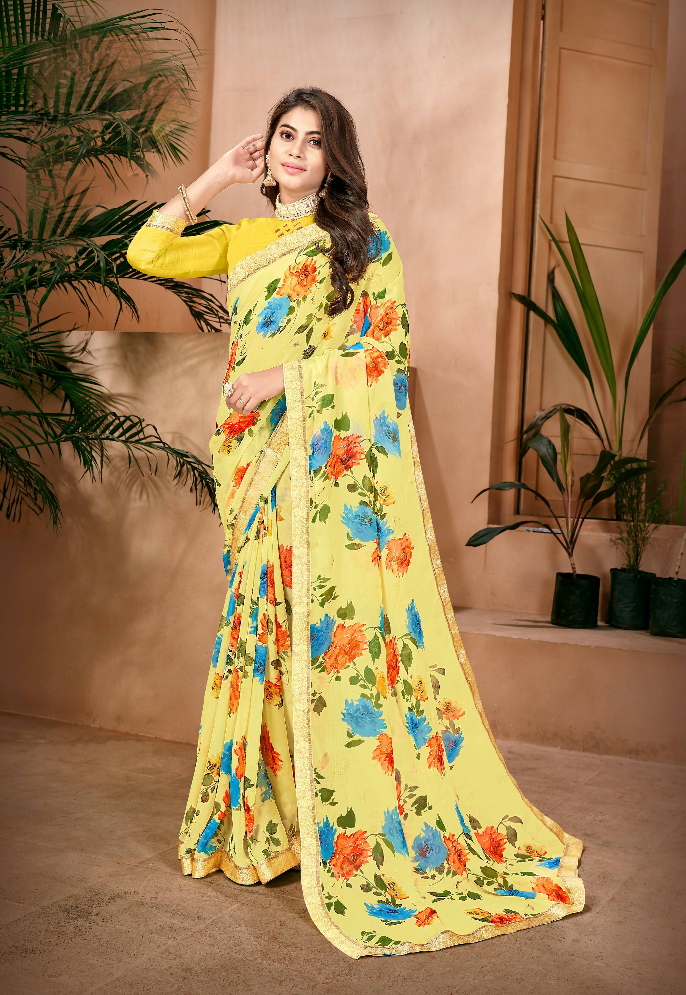 Yellow Georgette Floral Printed Saree With Unstitched Blouse Piece - Jyoti